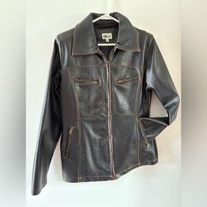 Vintage Distressed Faux-Leather Bomber Jacket. “Helium authentic” Brand  Large